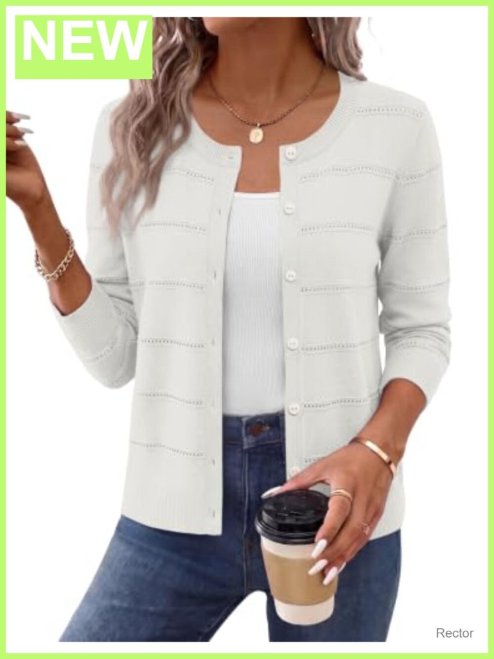 Women's Hollow Out Knit Cardigan Crewneck Button Front Fall Layering Sweater